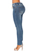Side view of model wearing medium blue drawstring-waist washout ripped skinny jeans