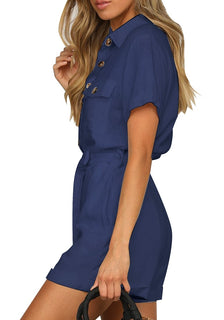 White Short Sleeves Button-Down Belted Rompers – Lookbook Store