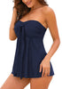 Side view of model wearing navy bow knot-front sweetheart swing tankini set as bandeau tankini set