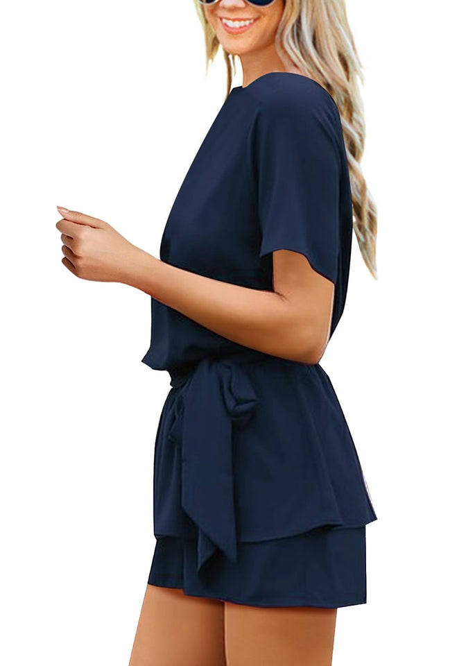 Buy XuBa Women Denim Jumpsuit Summer Short-sleeved Slim Waist Fashion  Casual Jumpsuit Shorts Light blue M at Amazon.in