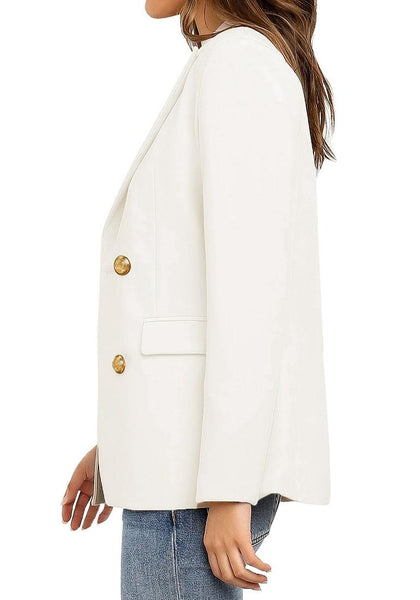 Side view of model wearing off white notch lapel double-breasted blazer