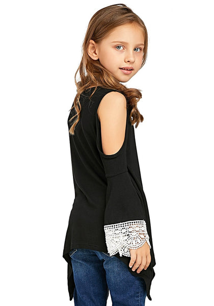Side view of pretty model wearing black cutout shoulder crochet flare sleeves girl tunic