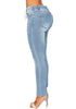 Side view of light blue drawstring-waist washout ripped skinny jeans