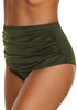 Side view of model wearing army green high waist ruched swim bottom