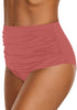 Side view of model wearing coral pink high waist ruched swim bottom