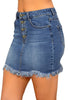 Side view of model wearing dark blue frayed raw hem buttons denim mini skirt