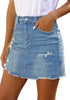 Side view of model wearing light blue distressed frayed hem denim mini skirt