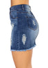 Side view of model wearing light blue ripped frayed hem denim skirt