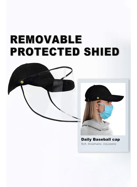 Side view of woman wearing  full face baseball cap protective face shield