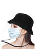 Side view of women wearing full face bucket hat protective face shield