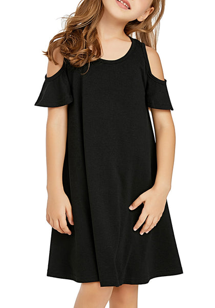 Front view of little girl wearing black cold shoulder ruffled short sleeves girl tunic dress