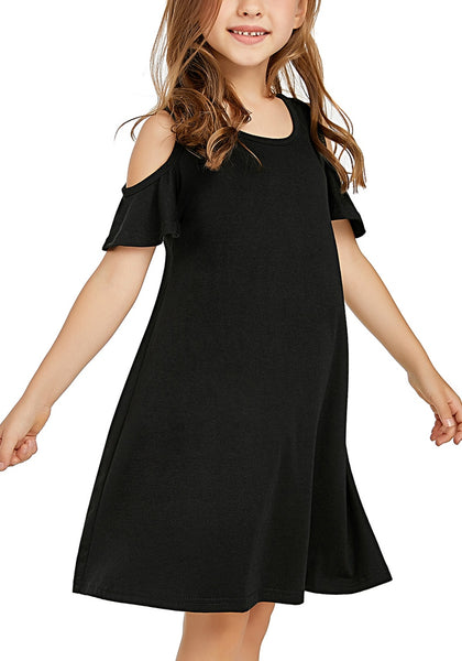 Black Cold Shoulder Ruffle Short Sleeves Girl Tunic Dress