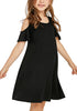 Angled view of little girl wearing black cold shoulder ruffled short sleeves girl tunic dress