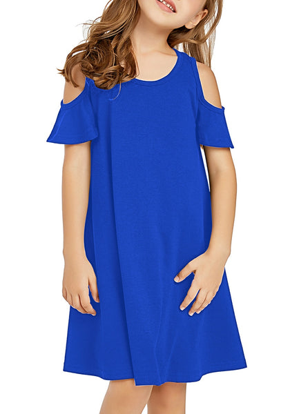 Front view of little girl wearing navy blue cold shoulder ruffled short sleeves girl tunic dress