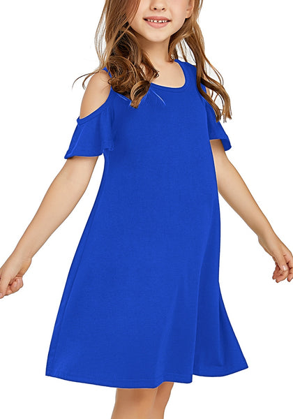 Navy Blue Cold Shoulder Ruffle Short Sleeves Girl Tunic Dress
