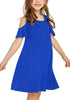 Angled view of little girl wearing navy blue cold shoulder ruffled short sleeves girl tunic dress