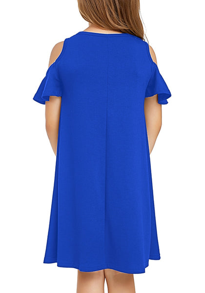 Back view of little girl wearing navy blue cold shoulder ruffled short sleeves girl tunic dress