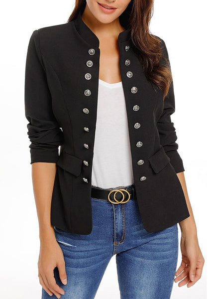 Woman wearing black stand collar open-front blazer