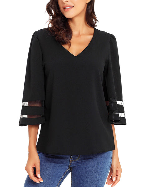 Women's V Neck Shirt Printed Top 3/4 Bell Sleeve Mesh Panel Blouse ...