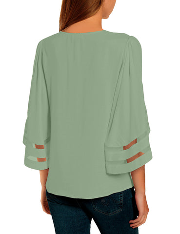 Women Casual Crew Neck Shirt Top 3/4 Bell Sleeve Mesh Panel Blouse