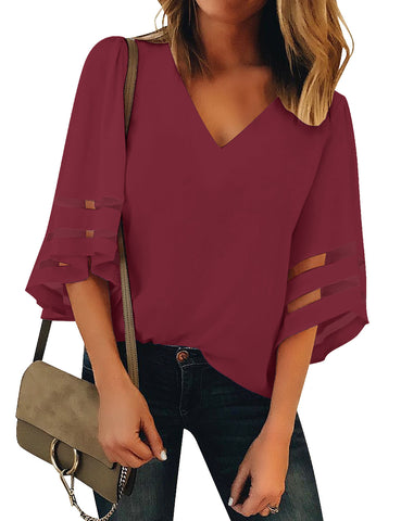 Rhubarb Women's V Neck Shirt Printed Top 3/4 Bell Sleeve Mesh Panel Blouse
