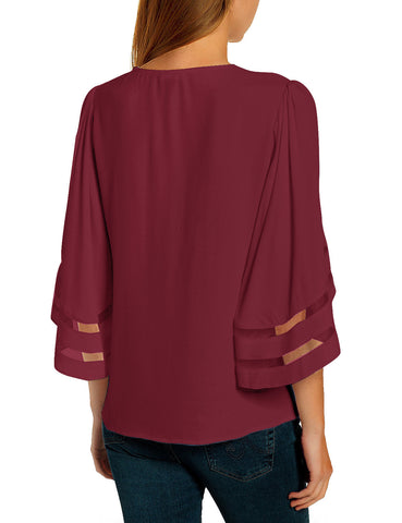 Rhubarb Women's V Neck Shirt Printed Top 3/4 Bell Sleeve Mesh Panel Blouse
