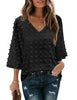 Women's Casual V Neck Bell Sleeve Blouse Pom Pom Loose Shirt Top