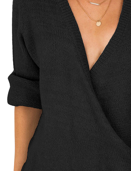LookbookStore Women's Knit Long Sleeve Faux Wrap Surplice V Neck Sweater Top