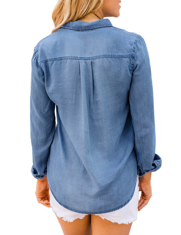 Women's Long Sleeve Collared Shirt Button Down Denim Blouse Tops