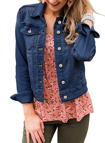 Women's Basic Long Sleeves Button Down Fitted Denim Jean Jackets