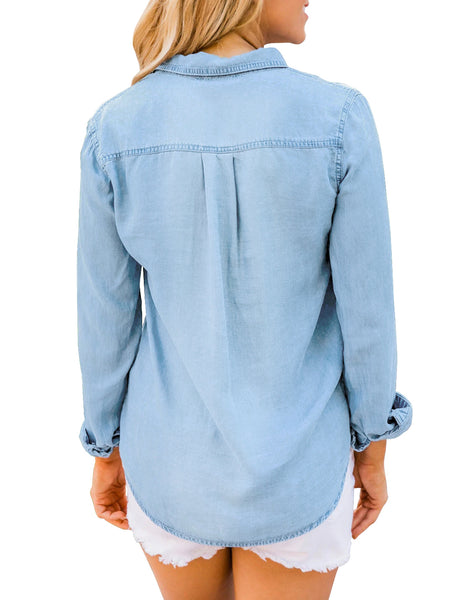 Women's Long Sleeve Collared Shirt Button Down Denim Blouse Tops
