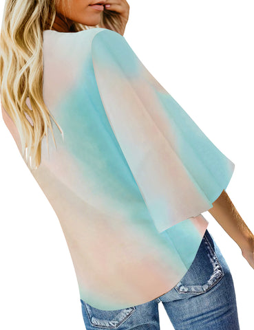 Tye Dye Aqua Women's V Neck Button Down Shirts 3/4 Bell Sleeve Tie Knot Blouse