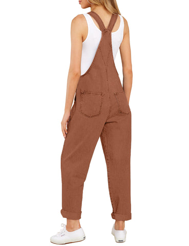 Brown Women's Casual Stretch Denim Bib Overalls Pants Pocketed Jeans Jumpsuits
