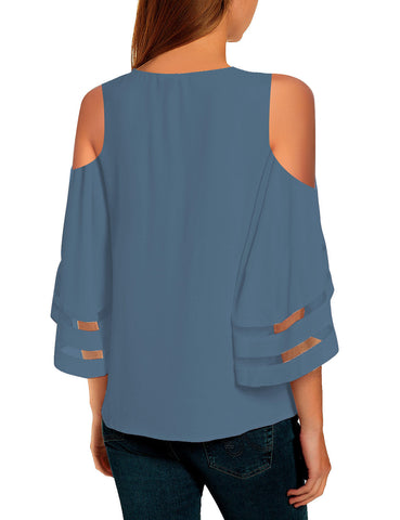 Dusty Blue Women's Cold Shoulder Loose Shirt Tops 3/4 Bell Mesh Sleeve Blouse