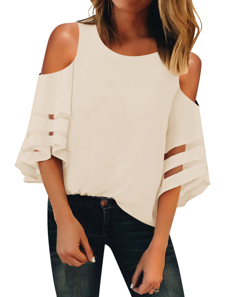 Women's Cold Shoulder Loose Shirt Tops 3/4 Bell Mesh Sleeve Blouse