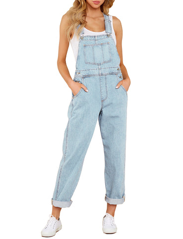 Light Blue Women's Casual Stretch Denim Bib Overalls Pants Pocketed Jeans Jumpsuits