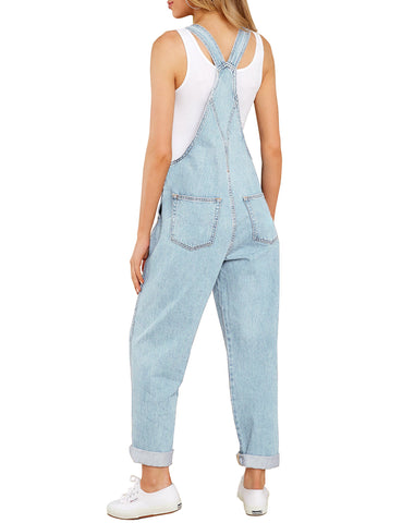 Light Blue Women's Casual Stretch Denim Bib Overalls Pants Pocketed Jeans Jumpsuits