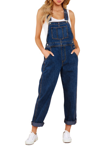 Dark Blue Women's Casual Stretch Denim Bib Overalls Pants Pocketed Jeans Jumpsuits