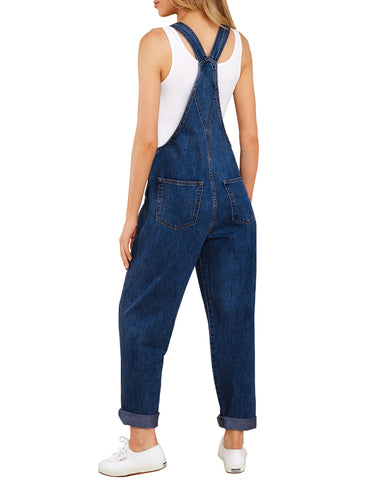 Dark Blue Women's Casual Stretch Denim Bib Overalls Pants Pocketed Jeans Jumpsuits