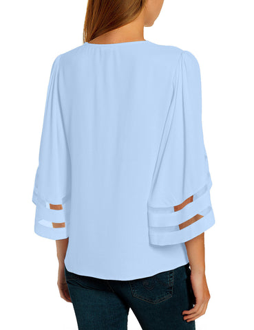 Powder Blue Women's V Neck Shirt Printed Top 3/4 Bell Sleeve Mesh Panel Blouse