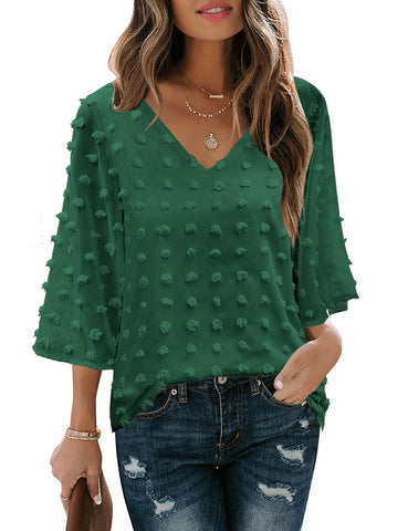 Women's Casual V Neck Bell Sleeve Blouse Pom Pom Loose Shirt Top