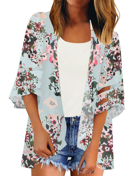 Women Open Front Loose Kimono Cardigan Mesh Bell Sleeve Beach Cover Up