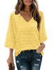 Women's Casual V Neck Bell Sleeve Blouse Pom Pom Loose Shirt Top