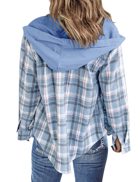 Women Long Sleeve Plaid Hoodie Button Down Blouse Loose Shacket Jacket