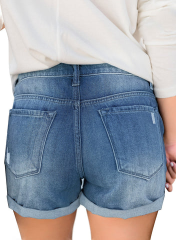 Women's High Waisted Rolled Hem Distressed Jeans Ripped Denim Shorts