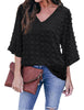Women's Casual V Neck Bell Sleeve Blouse Pom Pom Loose Shirt Top