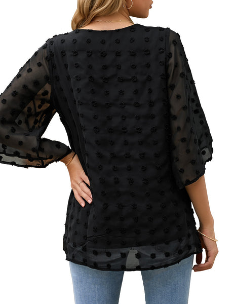 Women's Casual V Neck Bell Sleeve Blouse Pom Pom Loose Shirt Top