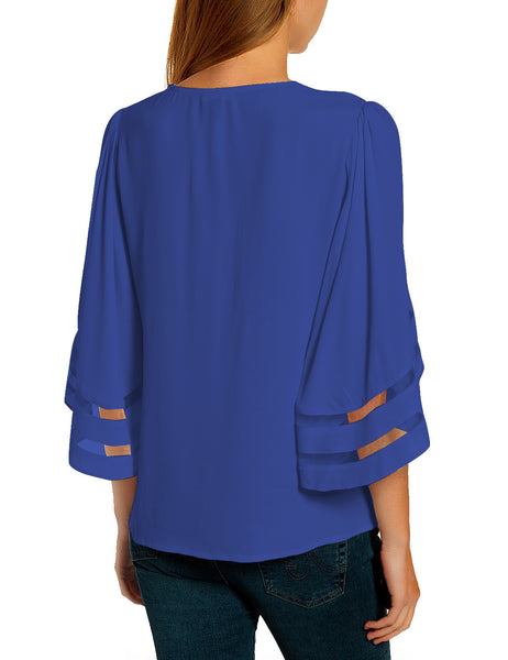 Women's V Neck Shirt Printed Top 3/4 Bell Sleeve Mesh Panel Blouse