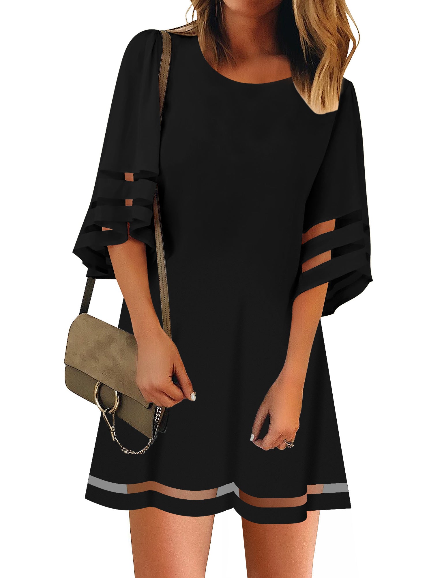 Black Women Casual Crewneck Mesh Panel 3/4 Bell Sleeve Loose