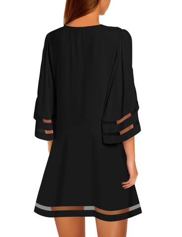 Black Women Casual Crewneck Mesh Panel 3/4 Bell Sleeve Loose Tunic Dress